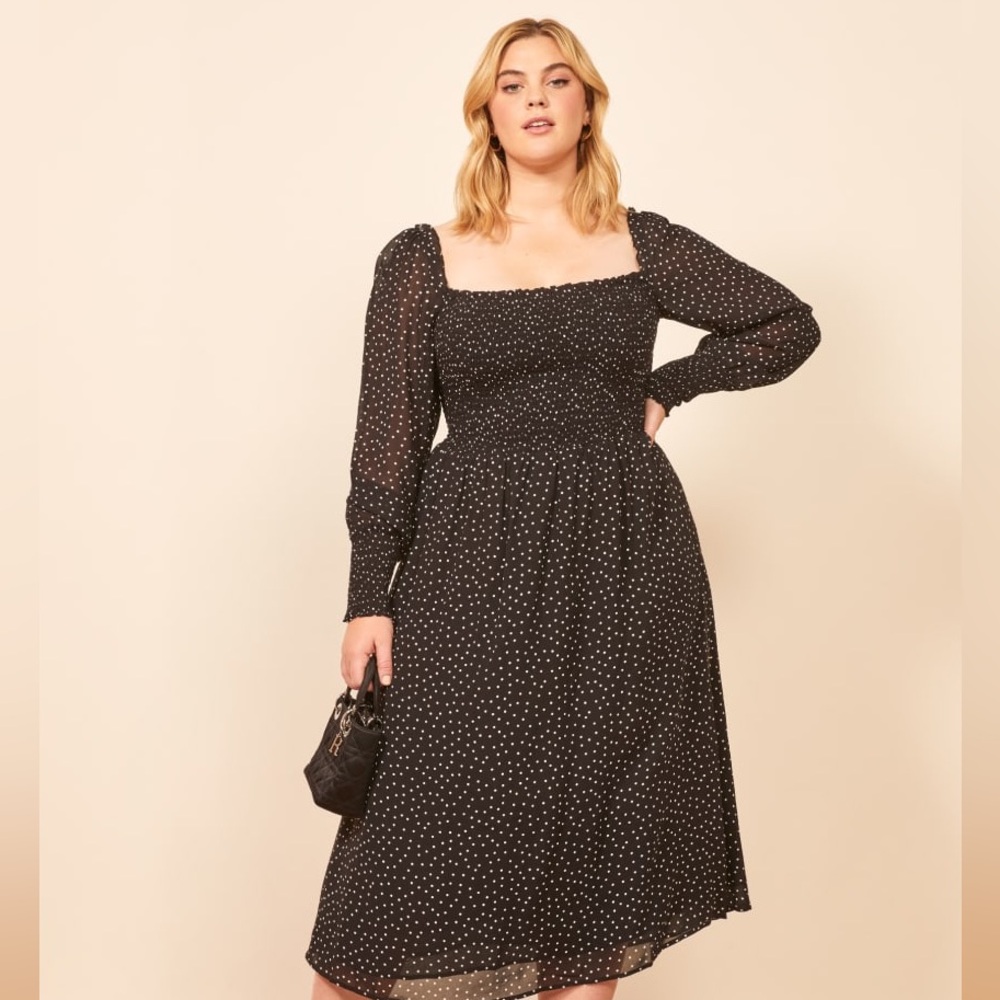 NWOT Reformation Dresses | Reformation Rowan Smocked Black Midi Dress 2X ES Dot